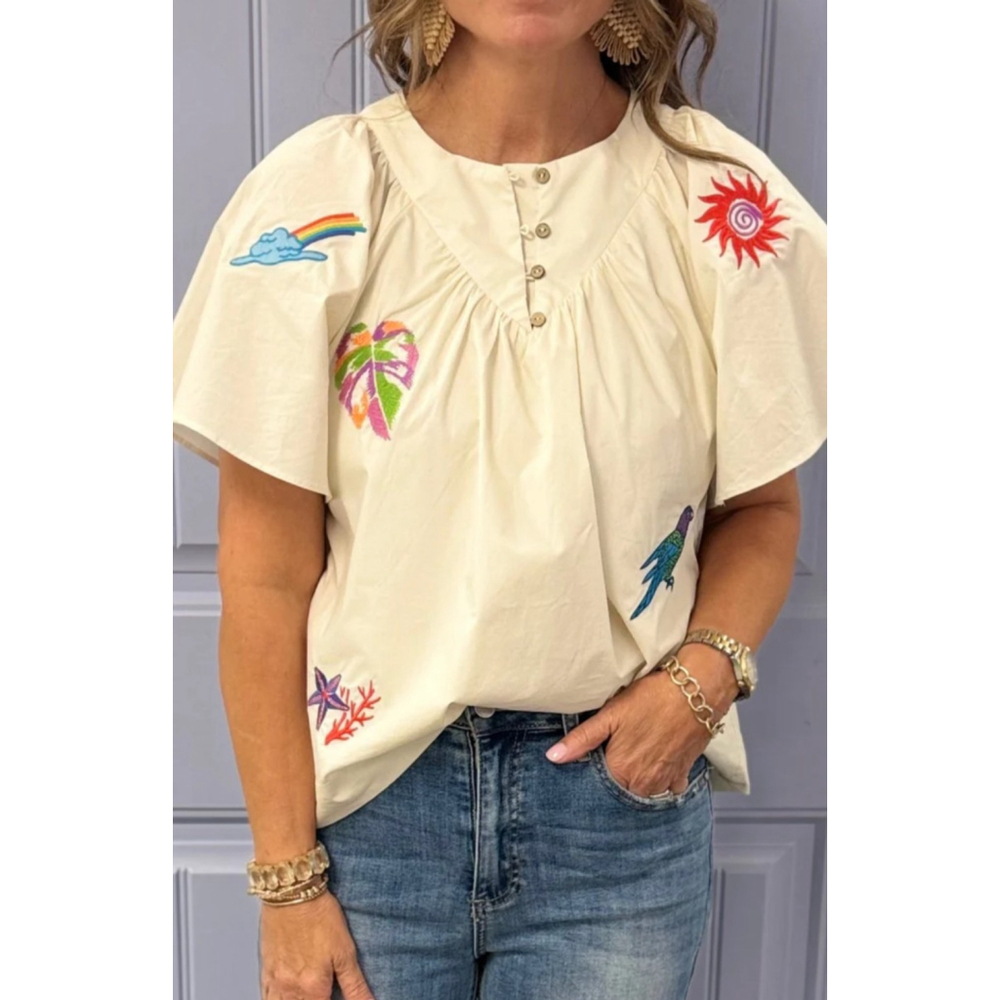 Ciebon Blouse Size Small Neutral Color Embroidered Tropical Beach Cotton